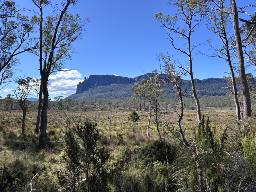 The end of a long day at Pelion Hut with a clear view of Mount Oakleigh.