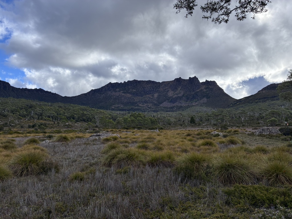 Down to Kia Ora Hut, looking back at Mount Ossa.