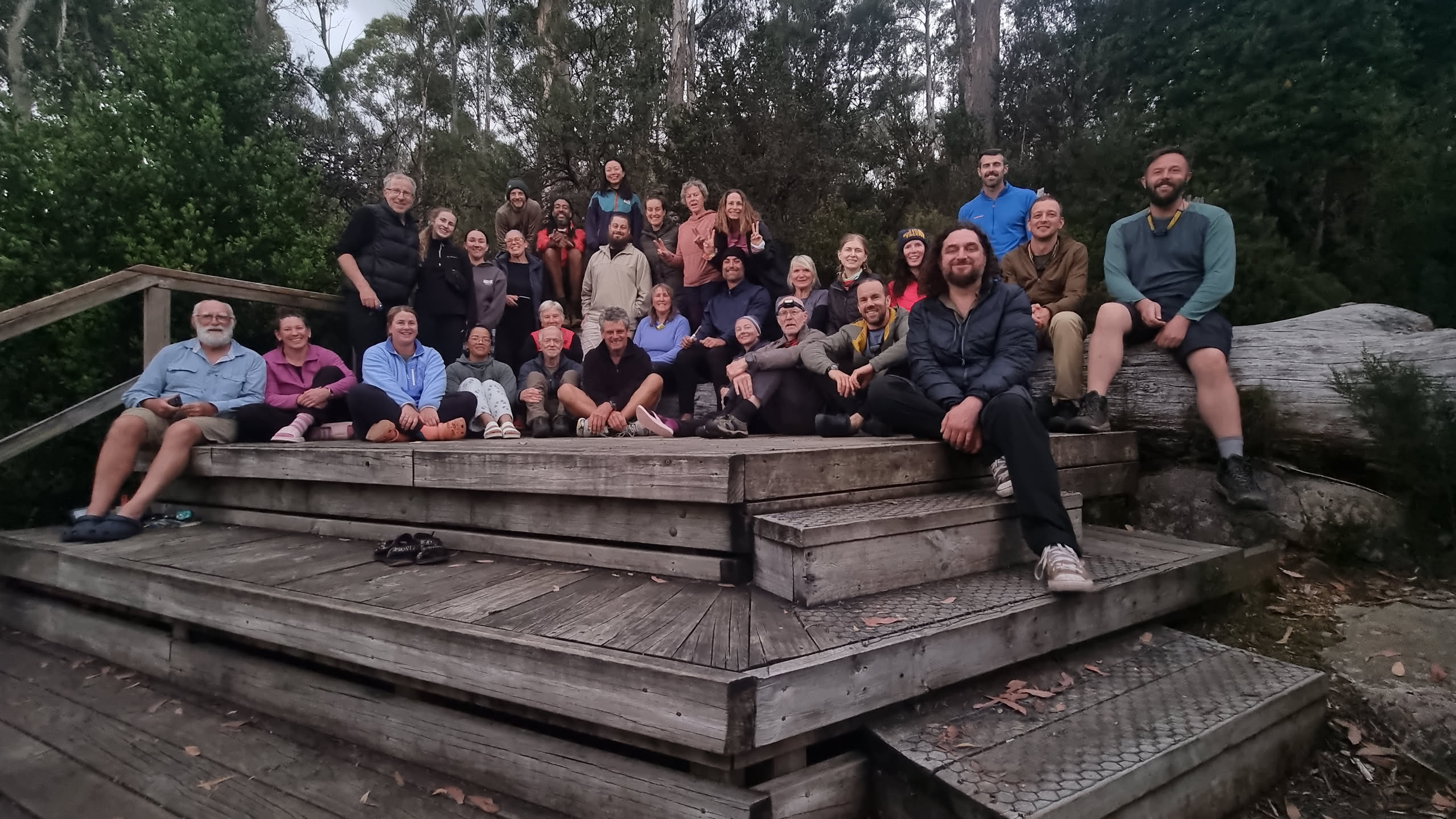 Our Overland Track group at Bert Nicholls Hut, bunch of legends.