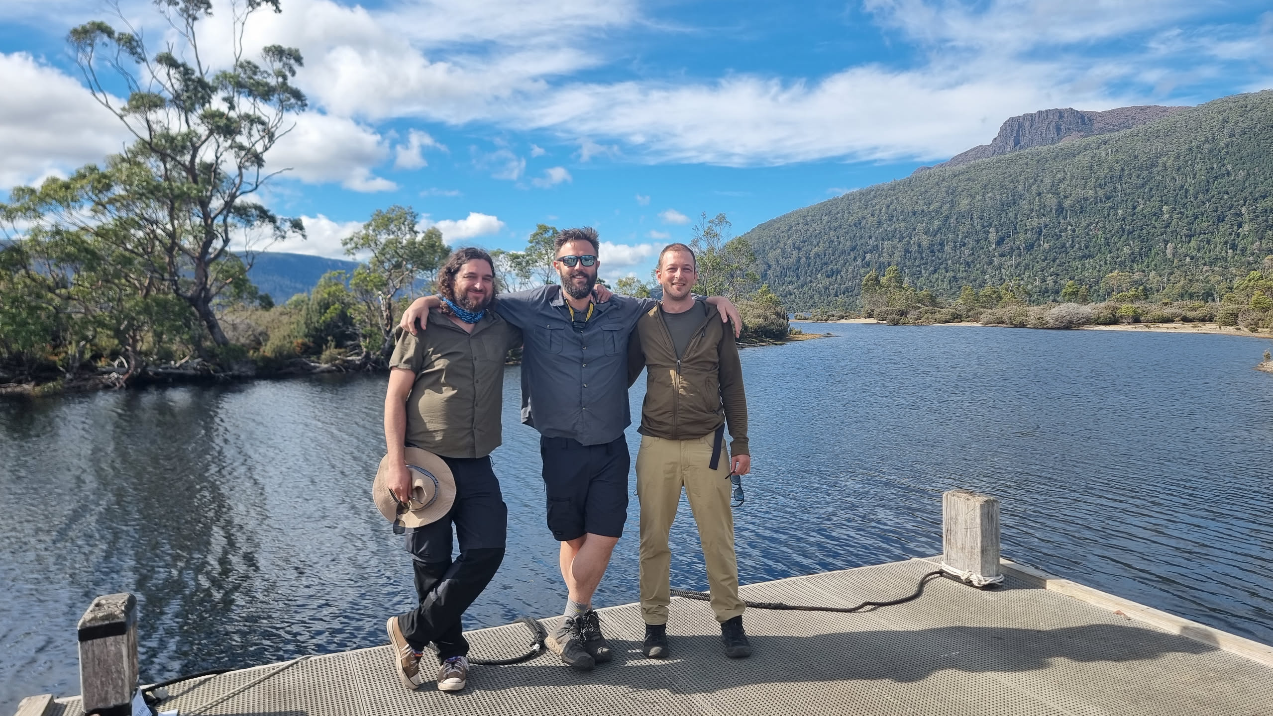 Three handsome blokes waiting for a ferry at Lake St Clair.